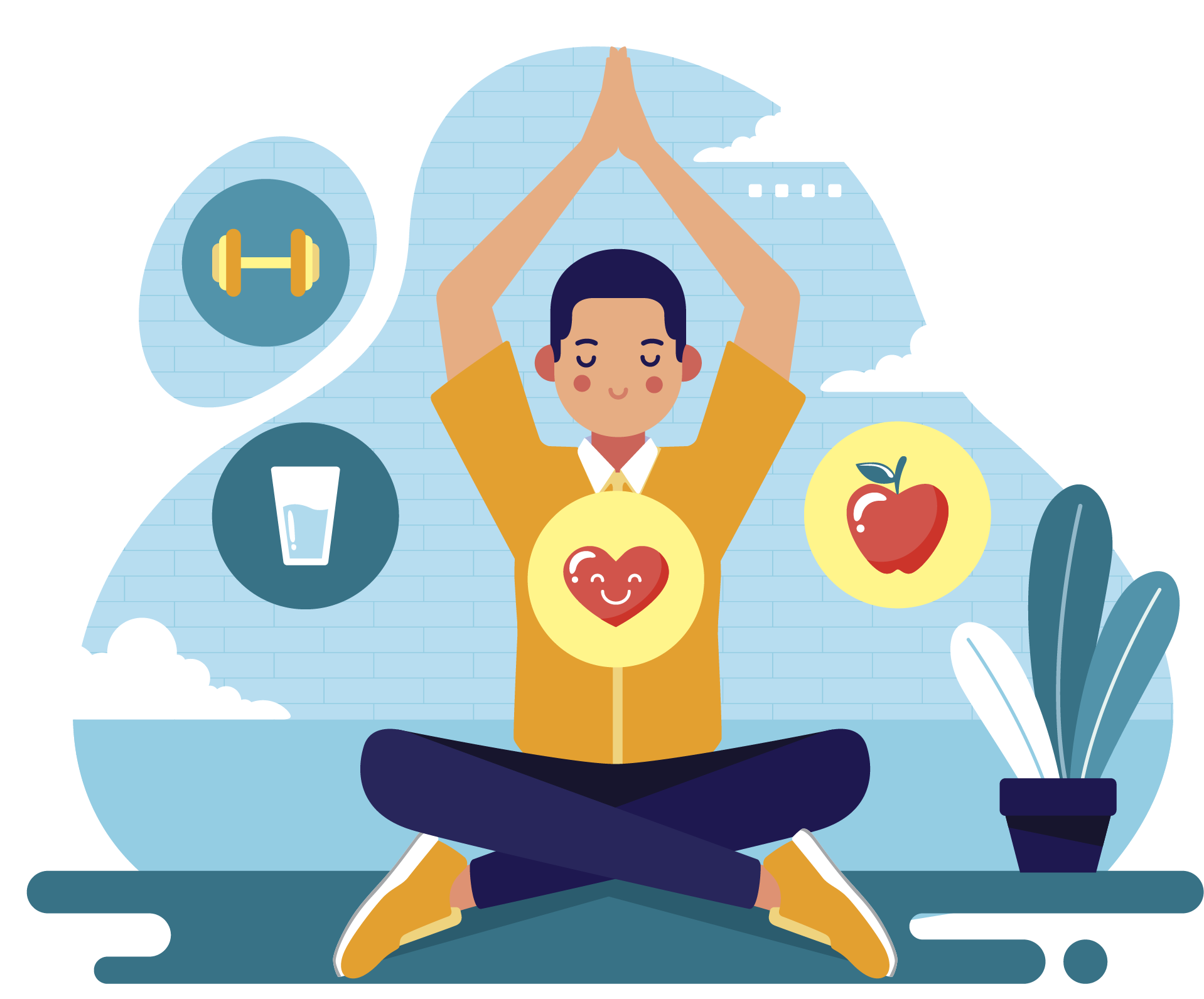 Una persona en una postura meditativa con las manos juntas, rodeada de íconos que representan ejercicio, hidratación y alimentación saludable.